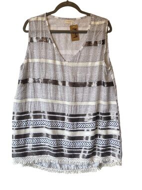 Lula Soul tank top L White Gray NWT V-neck Sequins Boho fringe Viscose Womens